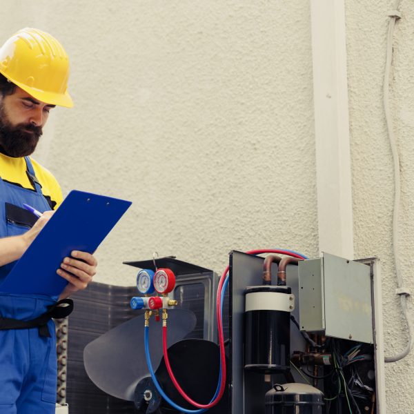 Technician commissioned for external air conditioner routine maintenance, looking for refrigerant leaks. Certified repairman doing hvac system inspection and safety check, writing report on clipboard